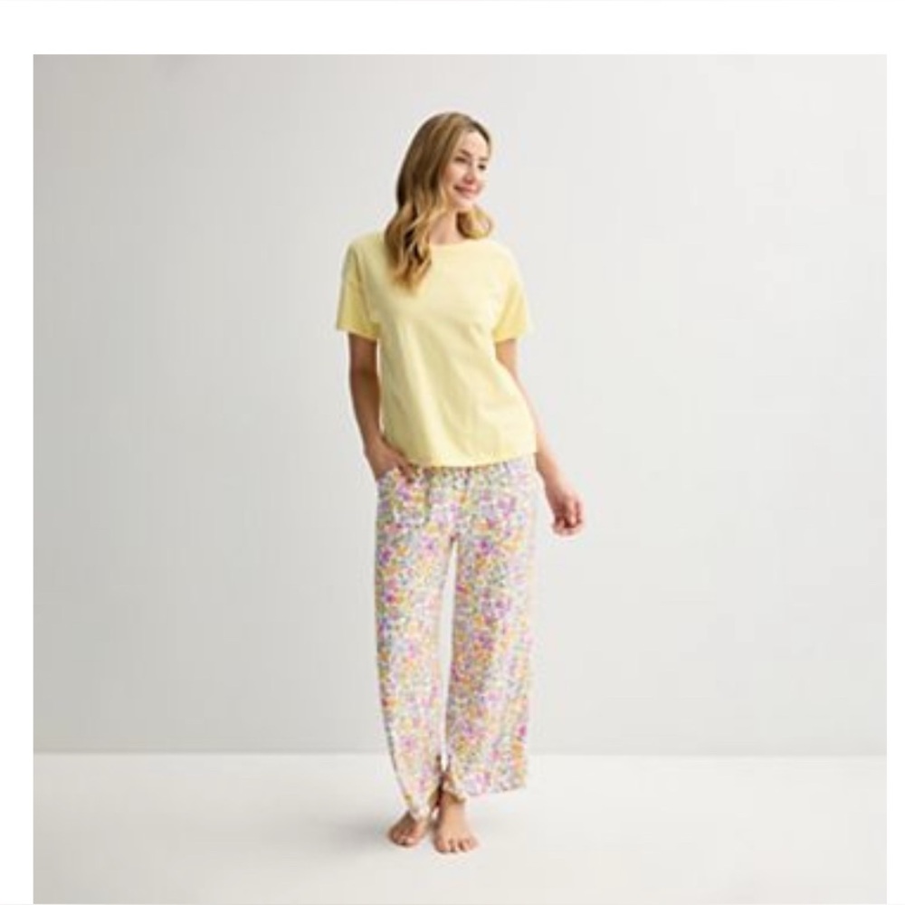 2Piece Pajama Set Women’s Floral Pant Bottom W Pocket NWT Yellow Top Sleepwear